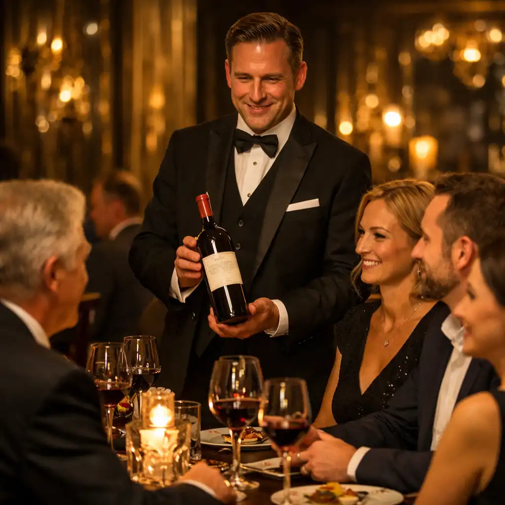 Goście elegancko ubrani podczas wieczoru degustacyjnego, sommelier prezentuje butelkę wina