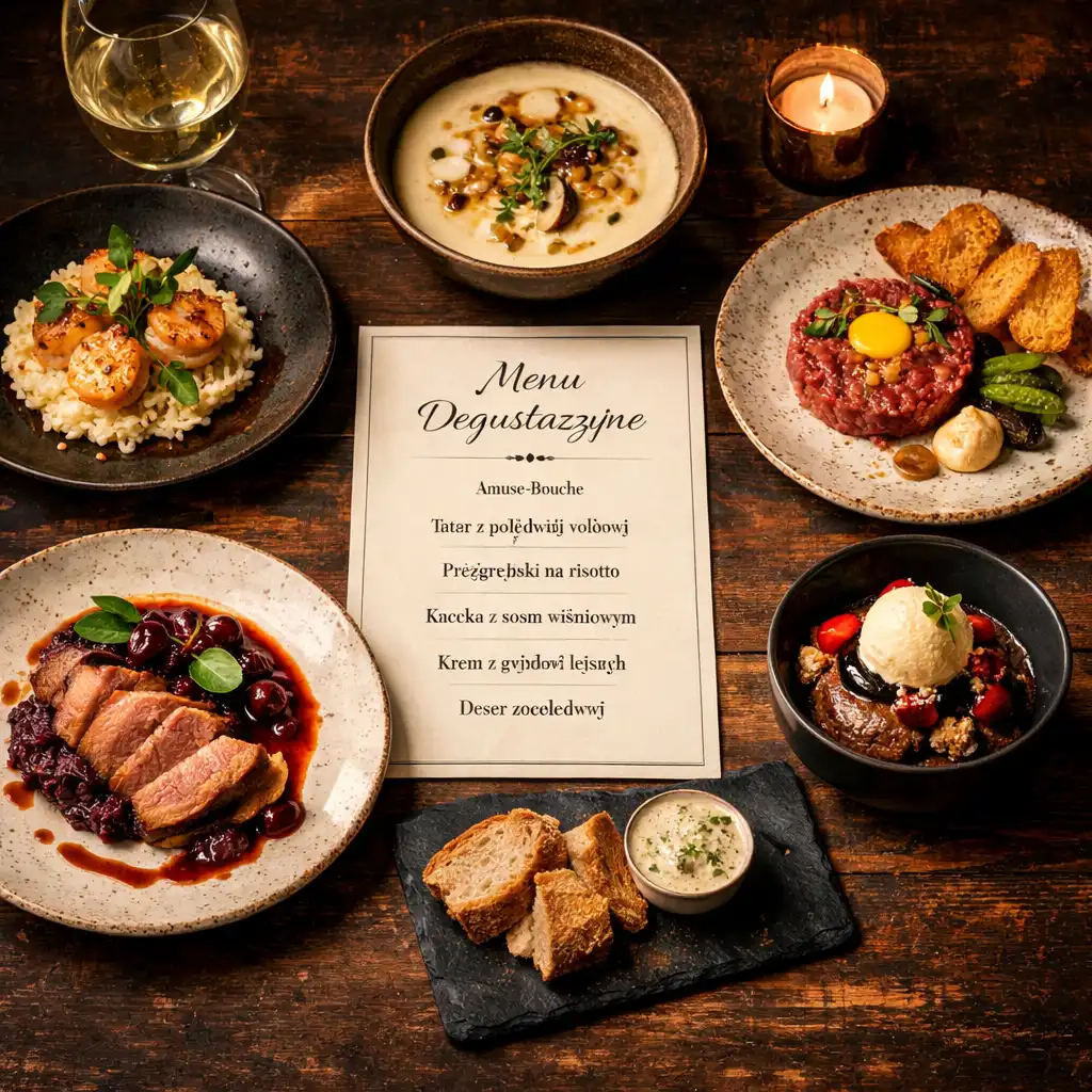 Widok na stół z degustacyjnym menu, kilka dań