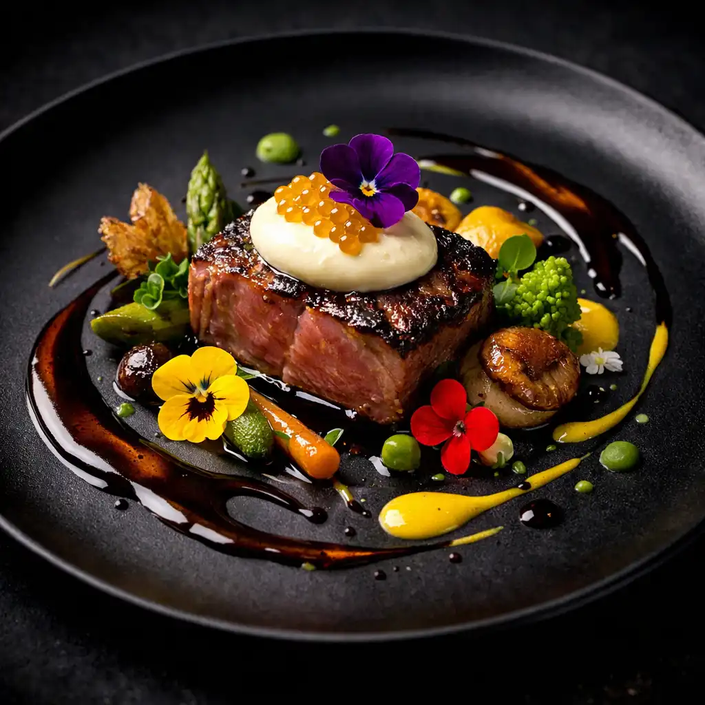 Wyrafinowane danie haute cuisine na ciemnym talerzu z jadalnymi kwiatami