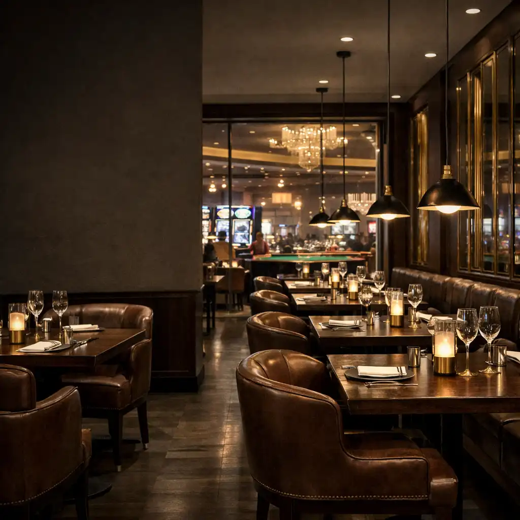 Główna sala restauracji z ciemnymi drewnianymi stołami, skórzanymi fotelami i subtelnie oświetlonym kasynem w tle