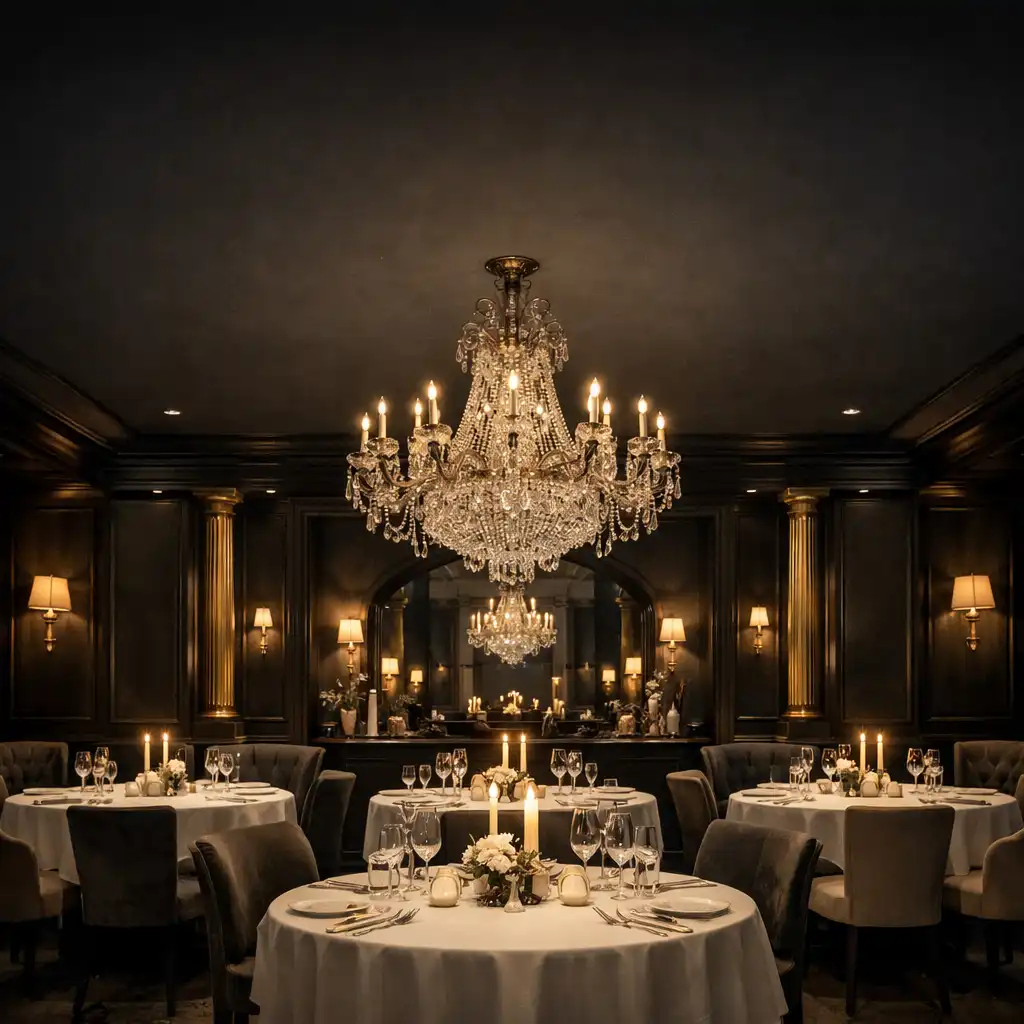 Eleganckie wnętrze restauracji Grand Casino Restaurant z okrągłymi stolikami, kryształowymi kieliszkami i ciepłym oświetleniem