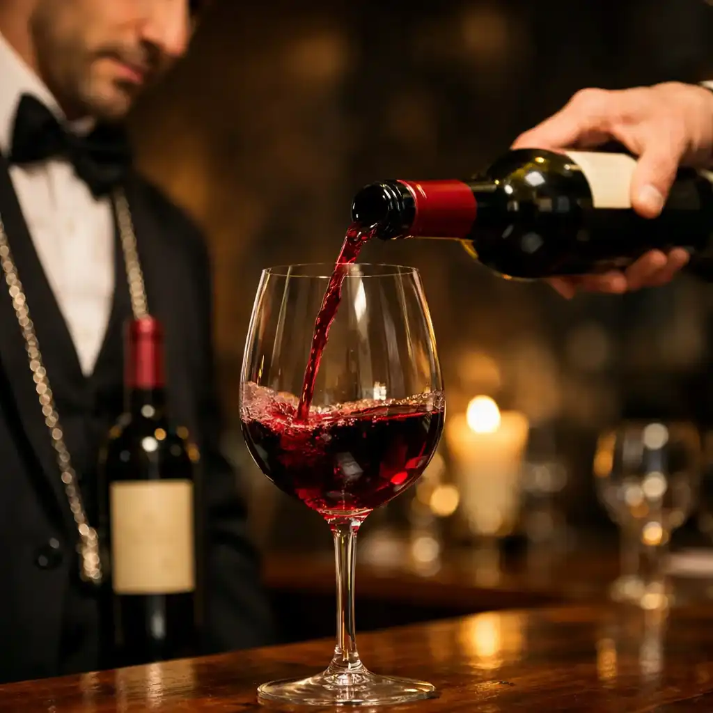 Sommelier nalewa czerwone wino do kieliszka w eleganckiej restauracji
