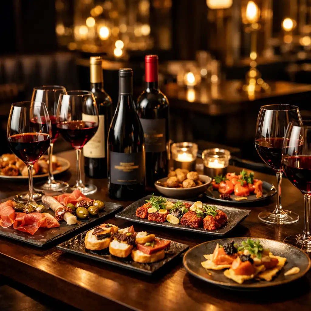 Elegancki stół degustacyjny z kieliszkami czerwonego wina, butelkami i wykwintnymi przekąskami w ciemnym, luksusowym wnętrzu restauracji